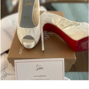 Christian Louboutin Ivory Lace Peep-Toe Heels